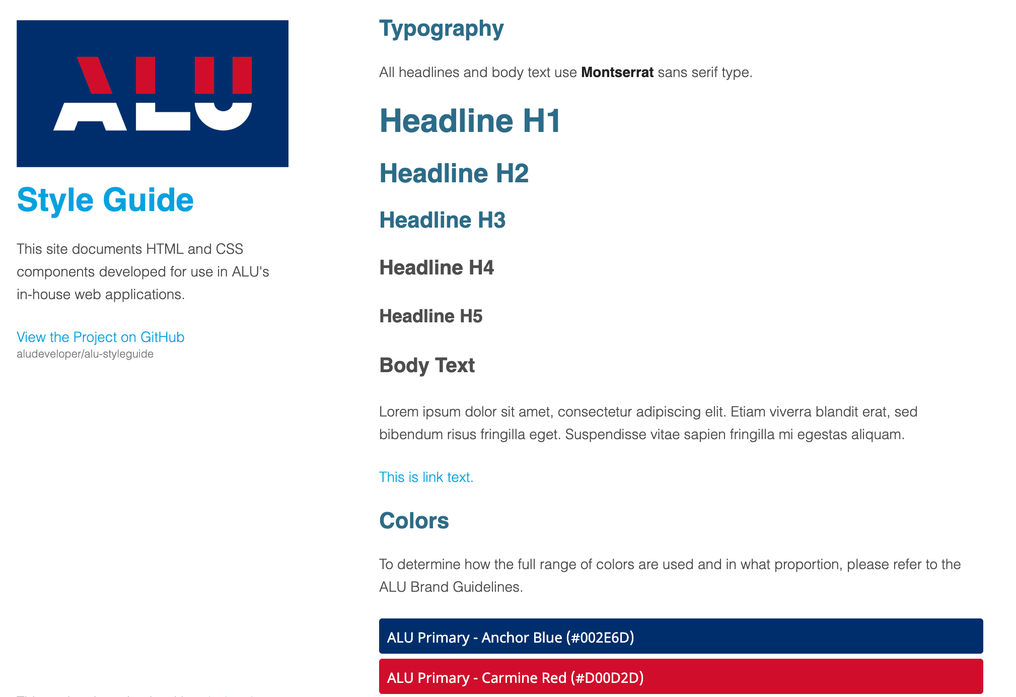 The ALU style guide documenting Montserrat as the interface typeface across a headline scale and body text, and the colour palette including Anchor Blue and Carmine Red