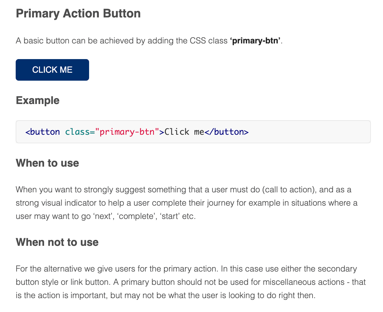 The primary action button documented with its CSS class, a rendered example, the HTML to use it, and guidance on when to use it and when not to