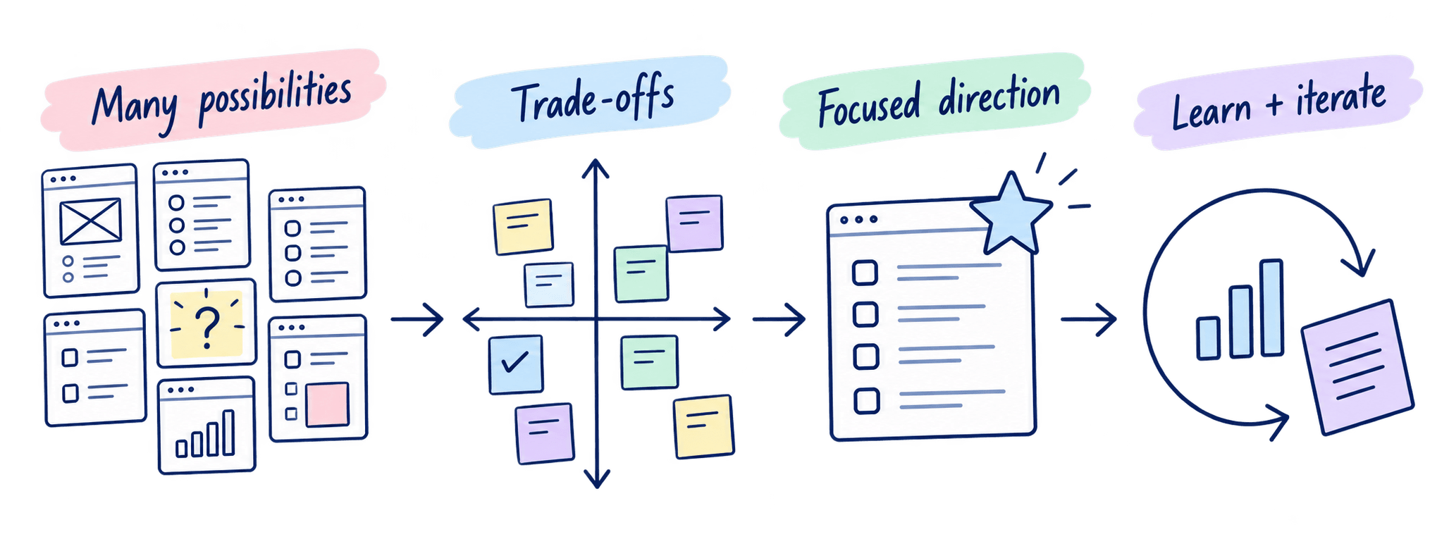 Many possibilities narrow through trade-offs to a focused direction, then into learning and iteration